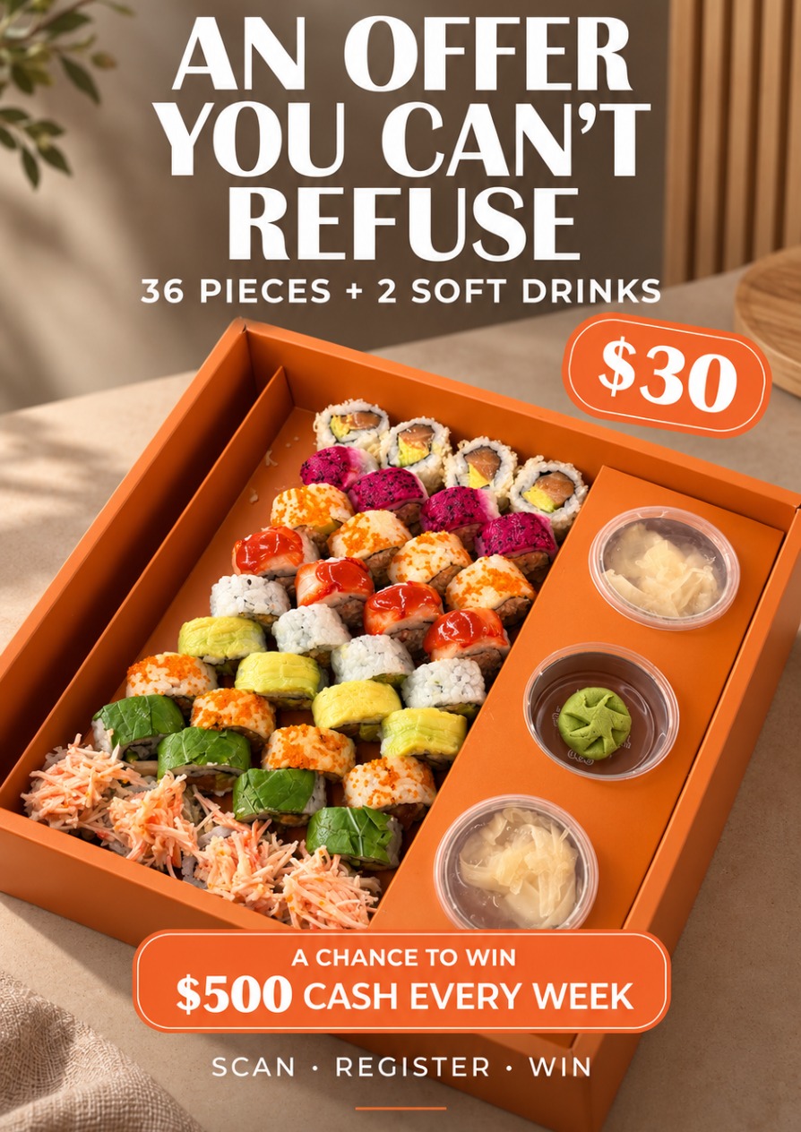 Oribu’s official lucky draw offer: 36 sushi pieces, two soft drinks for $30 and a chance to win $500 cash every week